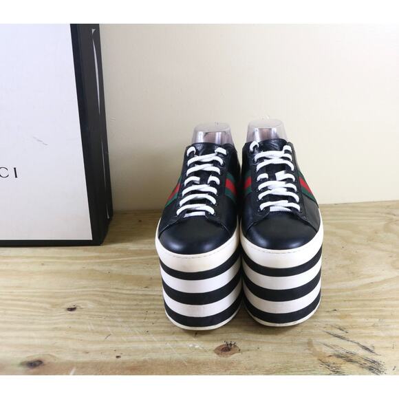 Gucci Sneakers Womens 10.5B Black Leather Peggy Platform Striped Shoes Italy - Picture 3 of 15